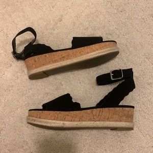 Black Espadrille Cork Flatform Platform Sandals with Scalloped edge